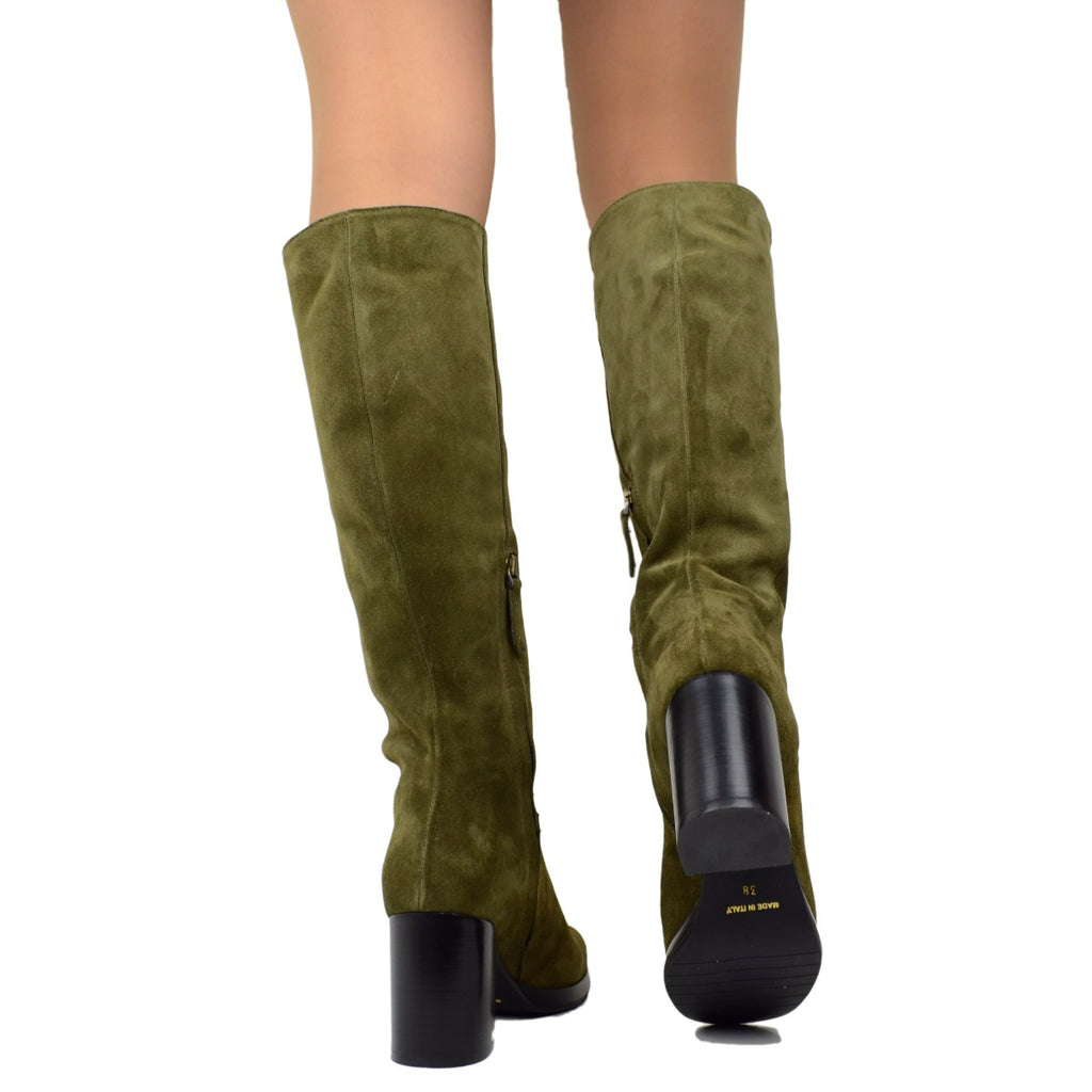 Damenstiefel mit quadratischer Spitze aus grünem Wildleder, hergestellt in Italien - 5