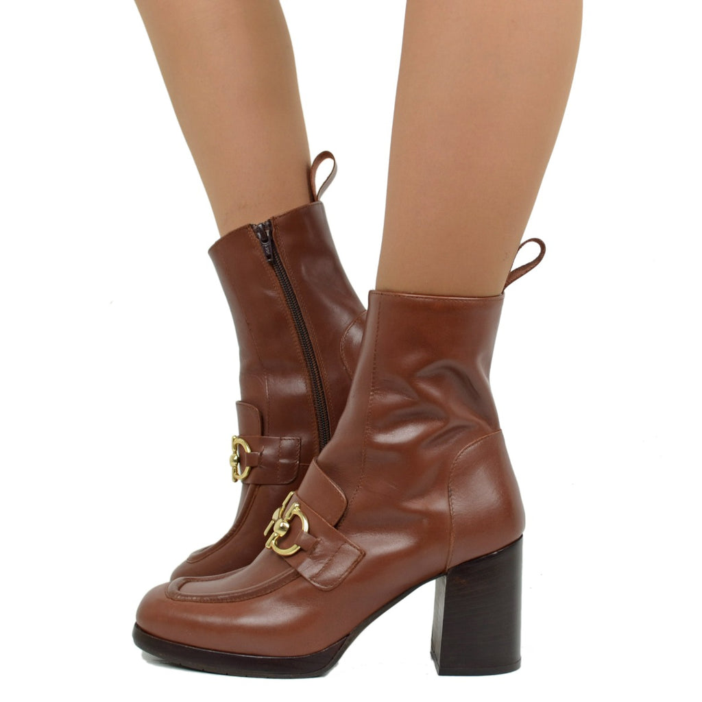 Woman Ankle Boot in Brown Leather with Golden Horsebit and Side Zip