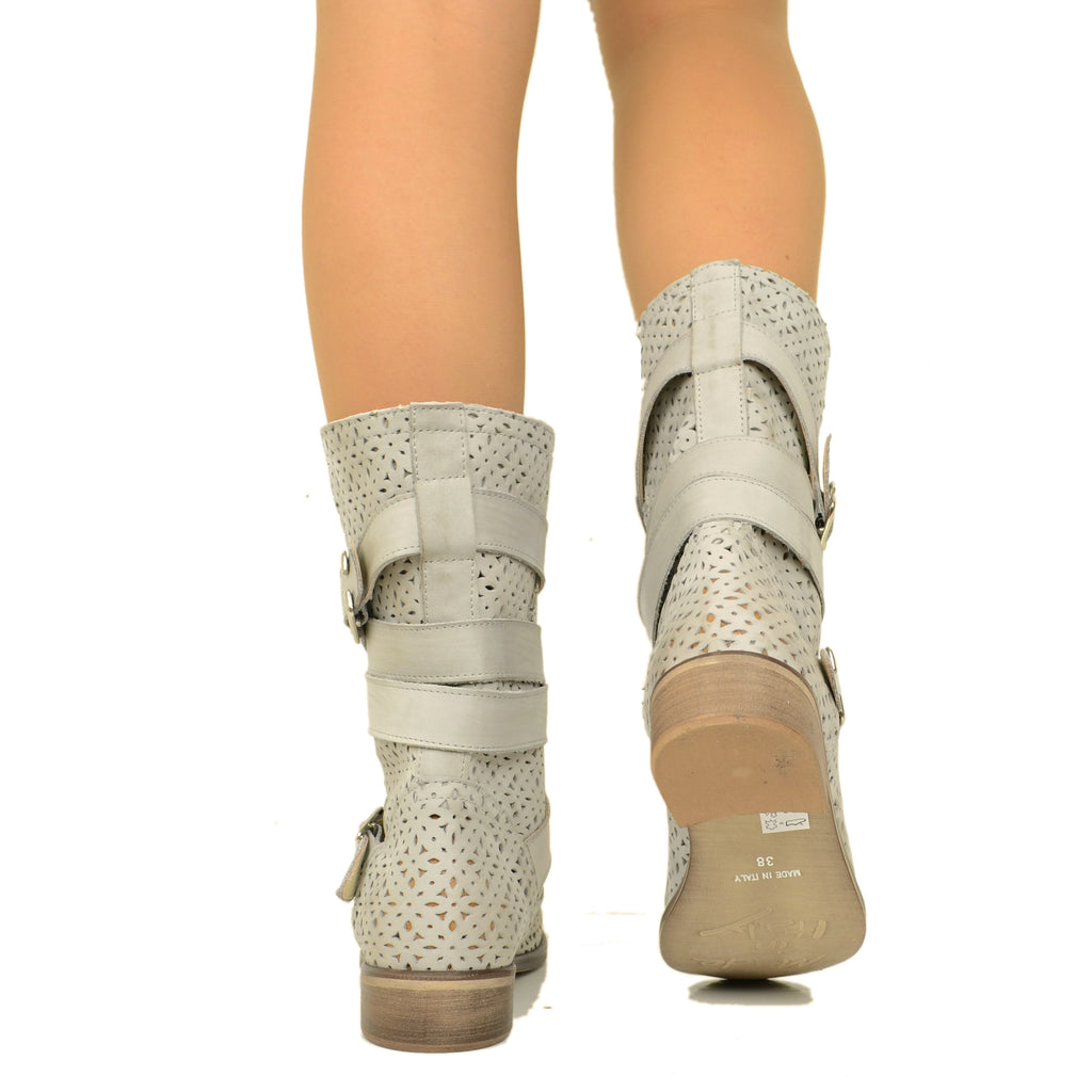 Biker Boots Perforated Ankle Boots in Pearl Nubuck Leather - 4