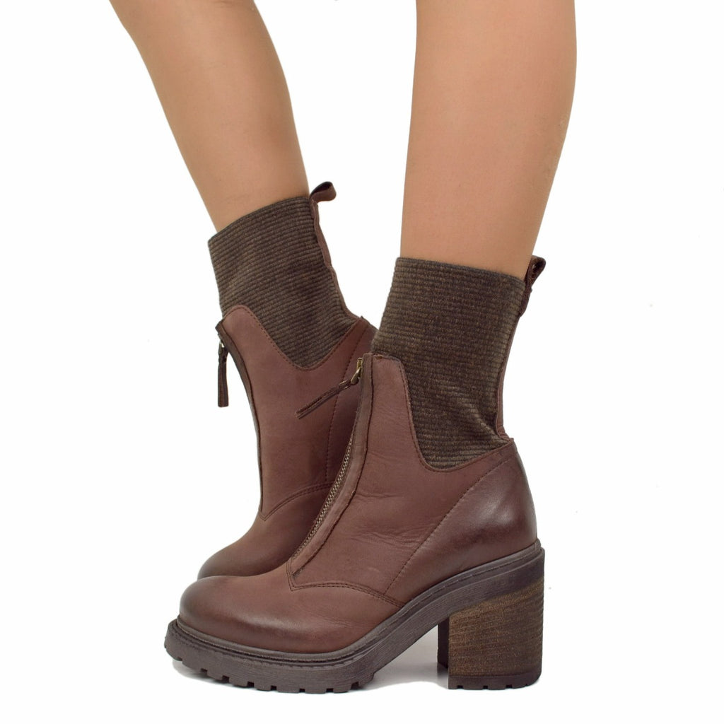 Women's Stretch Sock Ankle Boots Made in Italy with Brown Zip
