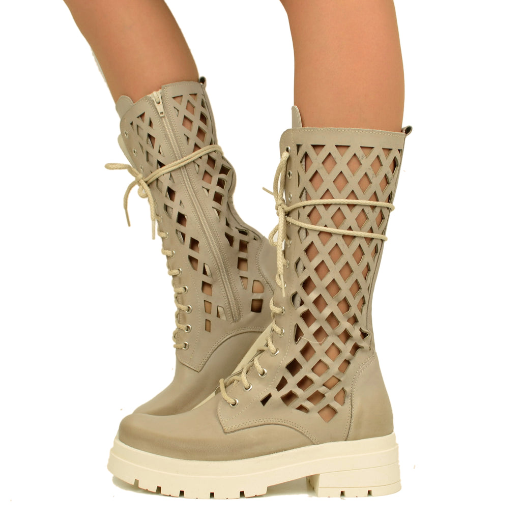 Perforated Women's Biker Boots in Beige Leather Made in Italy