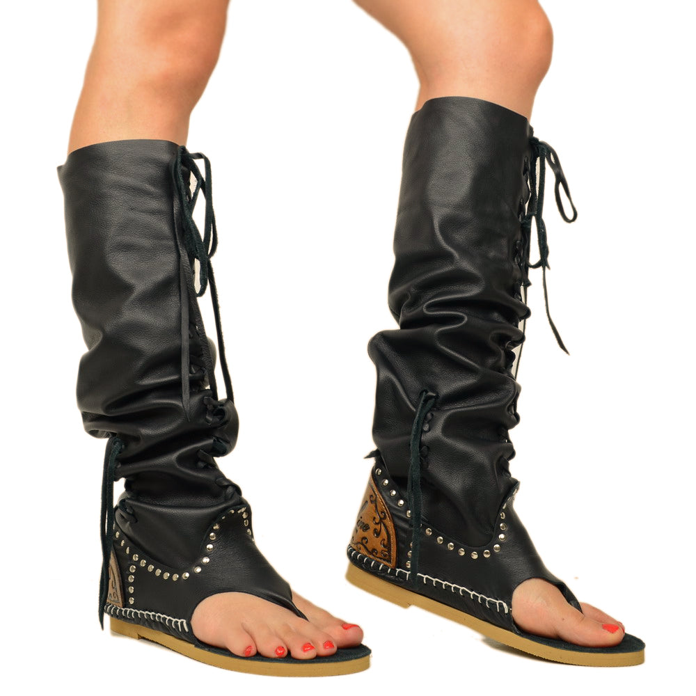 Indianini Schwarze Flip-Flop-Stiefel für Damen mit Schnürsenkeln - 3