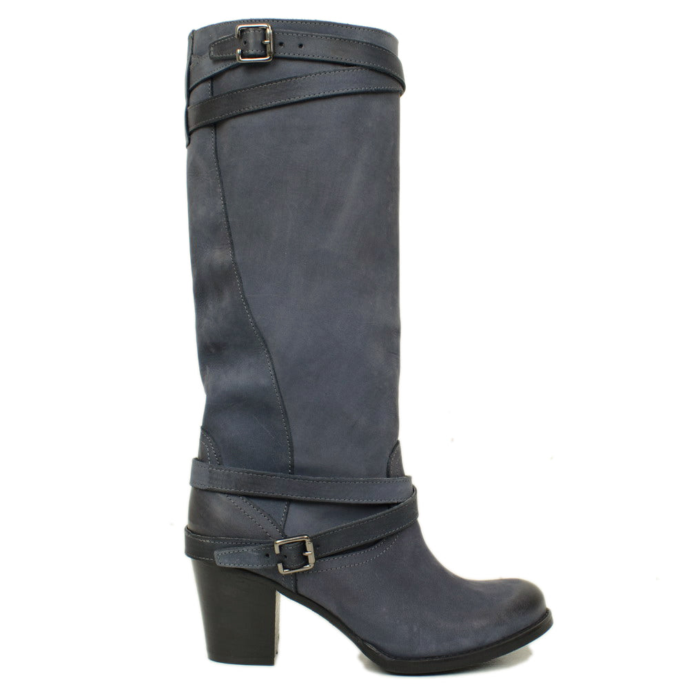 Women's Boots in Genuine Blue Nubuck Leather Made in Italy - 2
