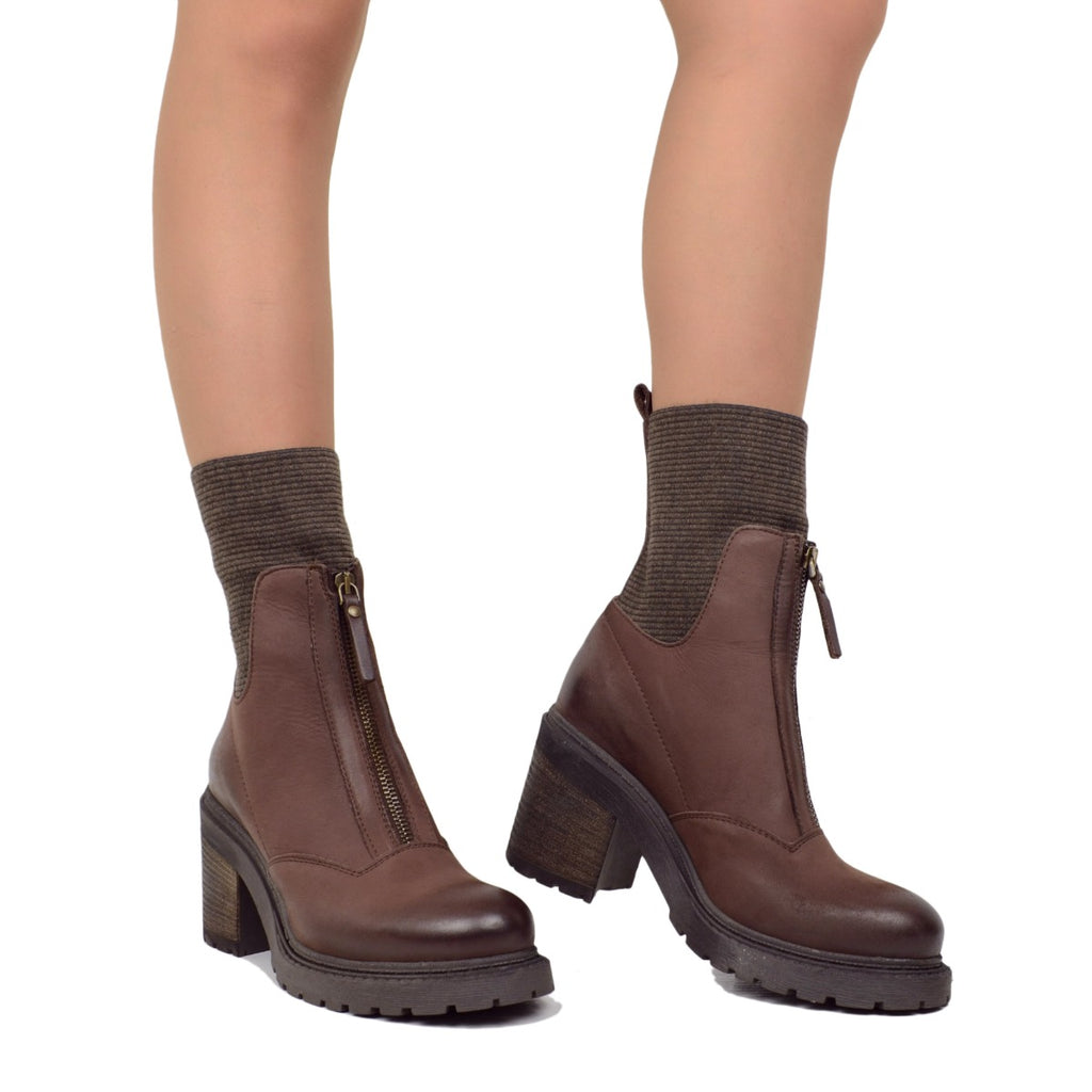 Damen-Stretch-Sock-Stiefeletten, hergestellt in Italien, mit braunem Reißverschluss - 5
