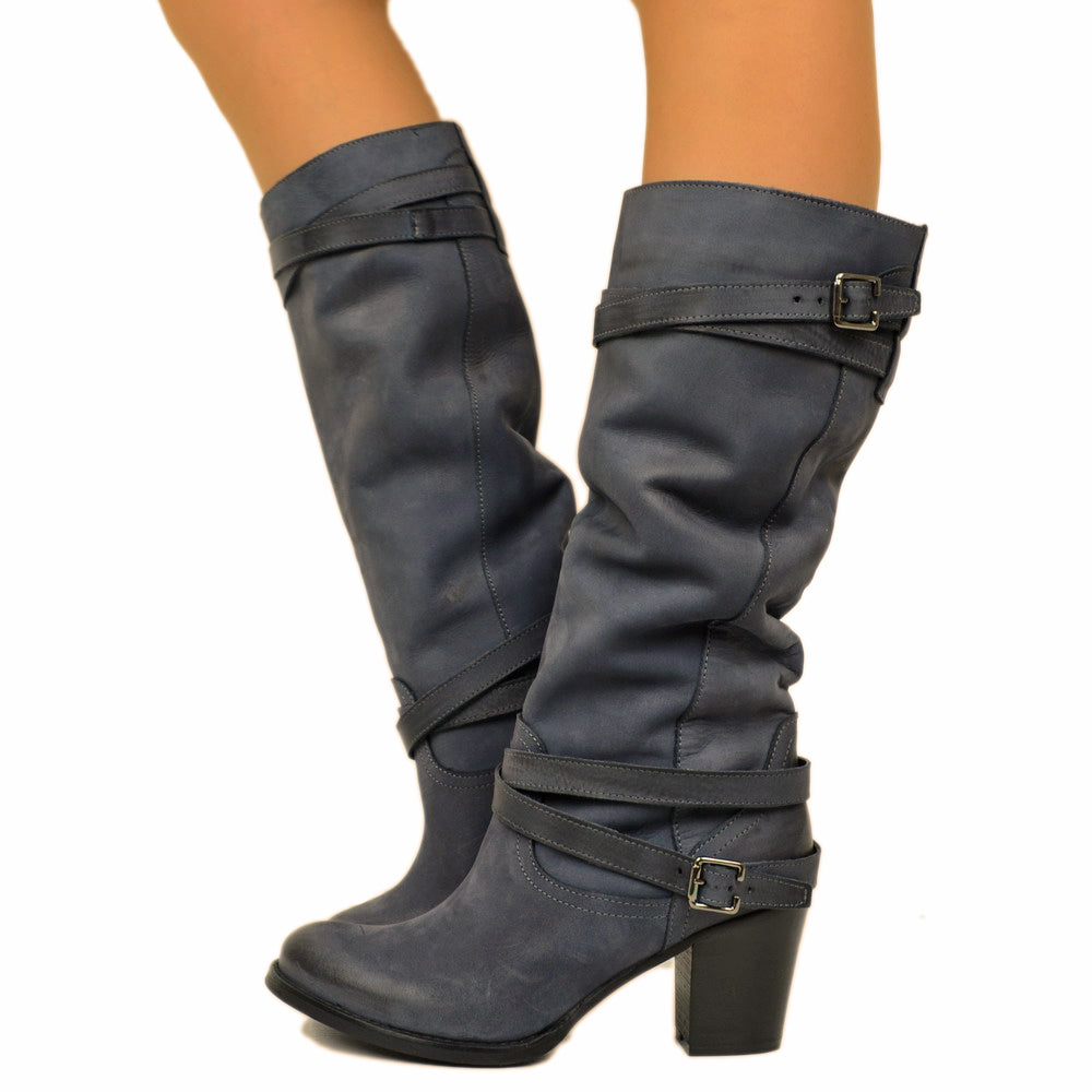 Women's Boots in Genuine Blue Nubuck Leather Made in Italy