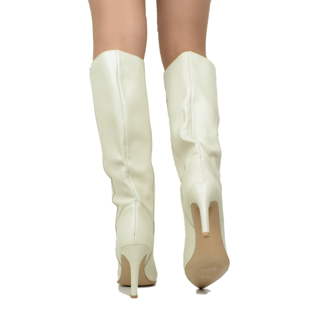 Weiße Damen-Lederstiefel mit Stiletto-Absatz, hergestellt in Italien - 4