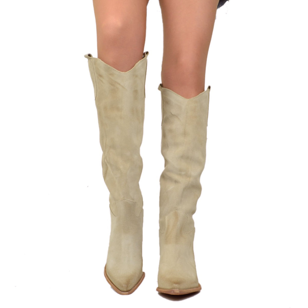 Women's Texan Boots in Beige Suede Leather Made in Italy - 3