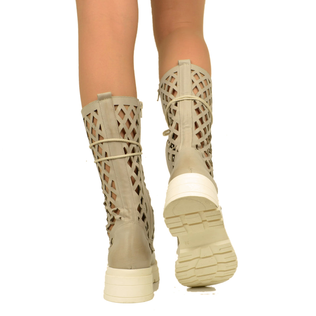Perforated Women's Biker Boots in Beige Leather Made in Italy - 5