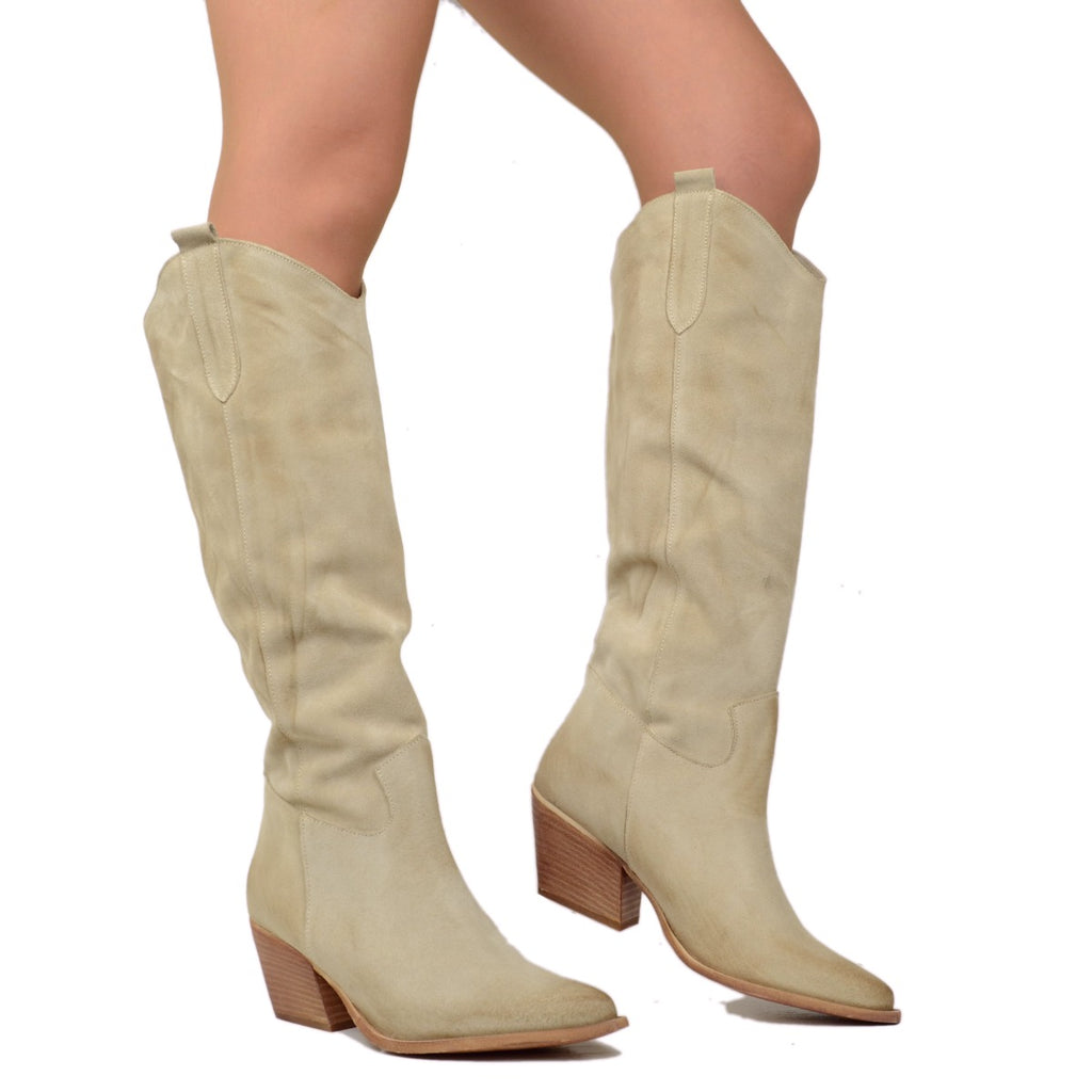 Women's Texan Boots in Beige Suede Leather Made in Italy - 4