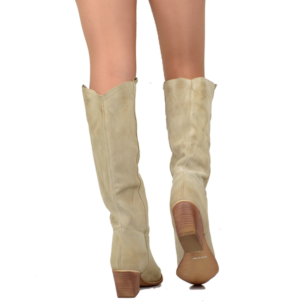 Women's Texan Boots in Beige Suede Leather Made in Italy - 5