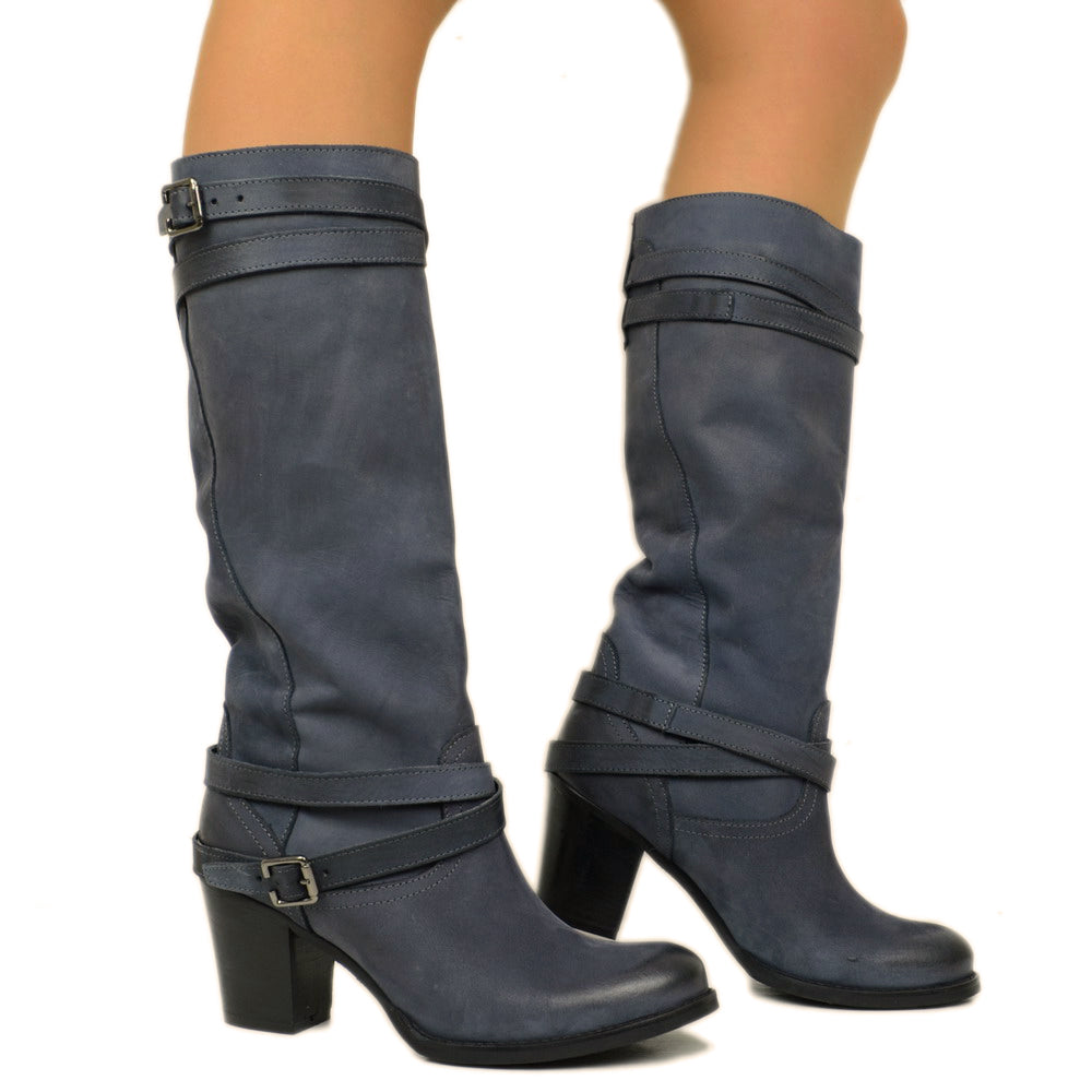 Women's Boots in Genuine Blue Nubuck Leather Made in Italy - 4