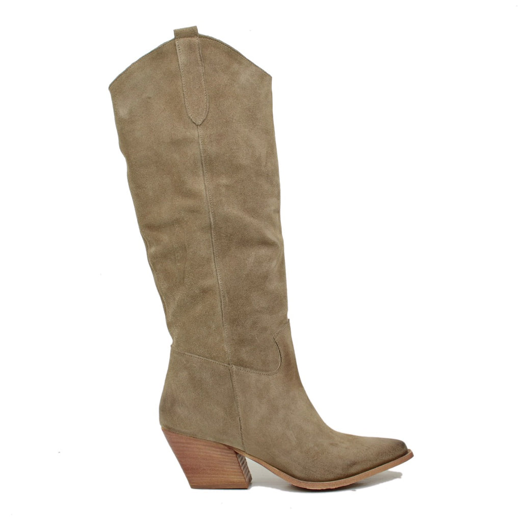 Stivali Donna Texani in Pelle Scamosciata Taupe Made in Italy - 5