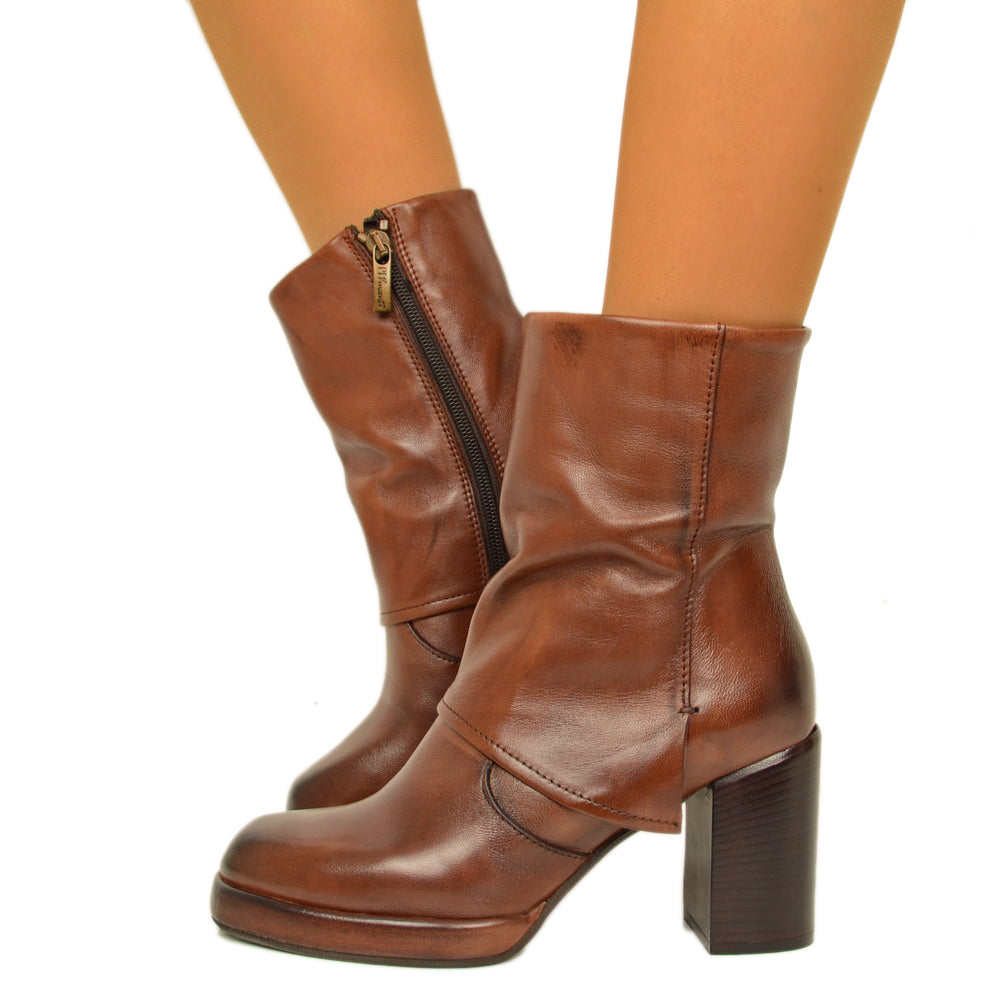 Women's Brown Over the Ankle Ankle Boots with Square Toe