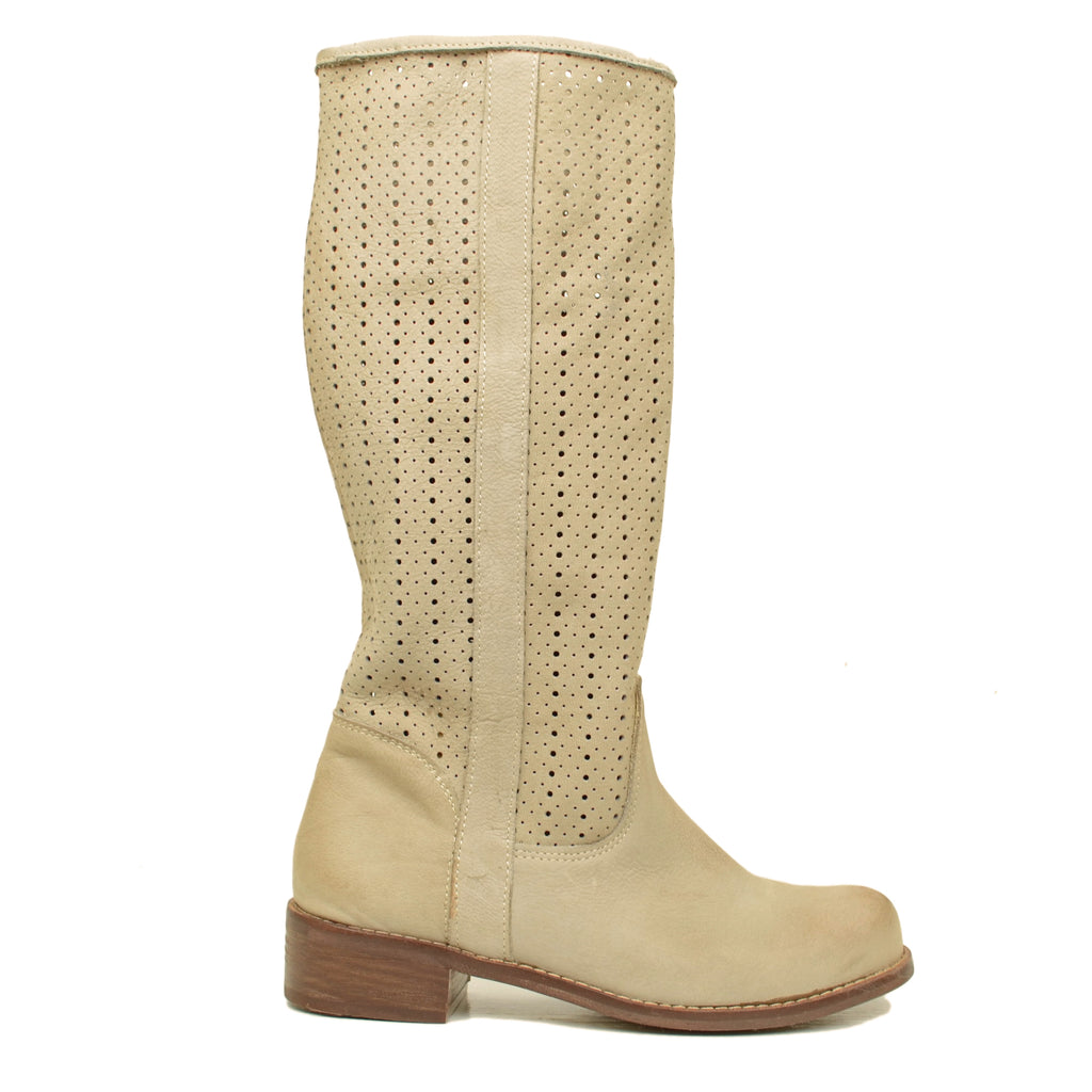 Taupe Perforated Women's Boots in Nubuck Leather Made in Italy - 2
