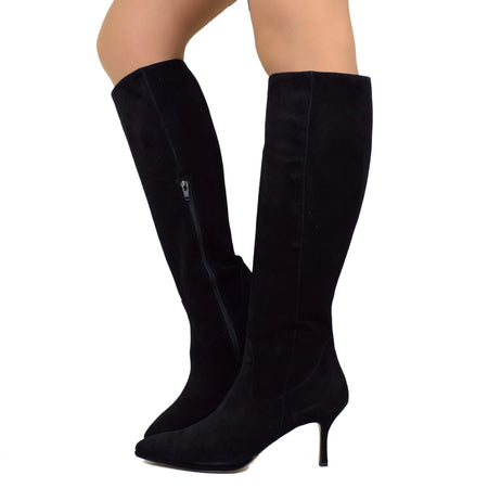 Elegante schwarze Wildlederstiefel für Damen mit Stiletto-Absatz