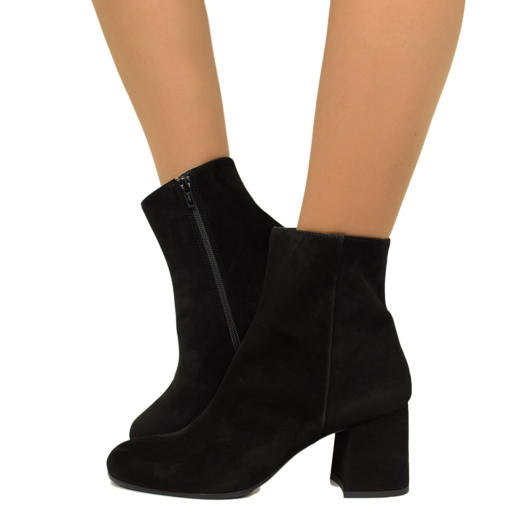 Black Women's Ankle Boots in Suede Leather Medium Heel with Zip