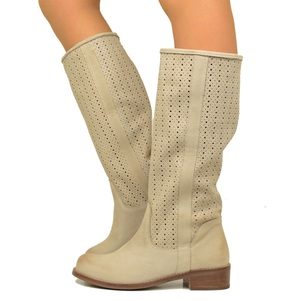 Taupe Perforated Women's Boots in Nubuck Leather Made in Italy