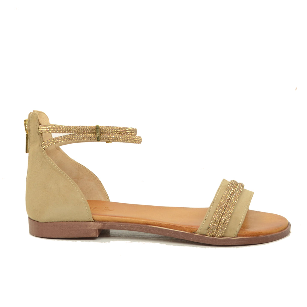 Women's Sandals in Taupe Suede with Rhinestones and Zip - 3
