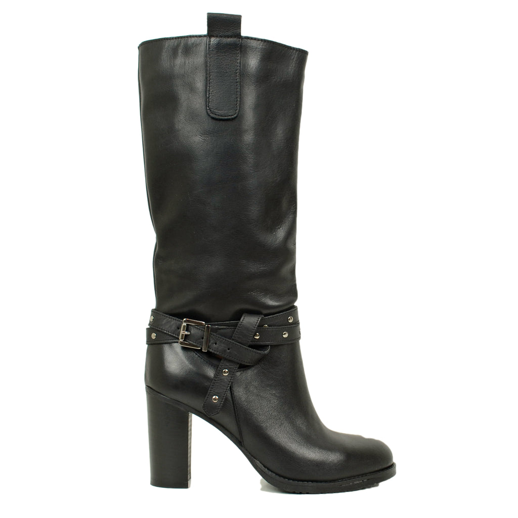 Women's Black Leather Boots with Anklet Made in Italy - 2