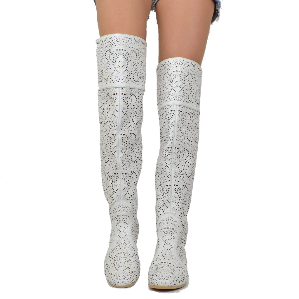 White Leather Perforated Knee High Cuissardes Boots - 4