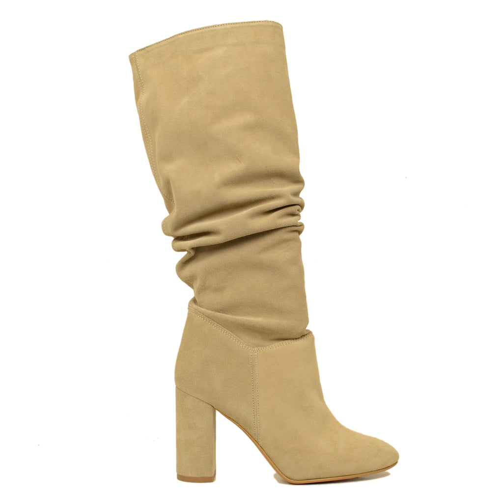 Women's Beige High Boots in Suede Leather Made in Italy - 2