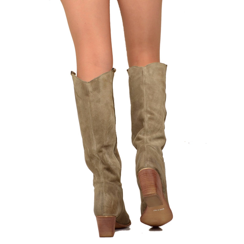 Women's Texan Boots in Taupe Suede Leather Made in Italy - 4
