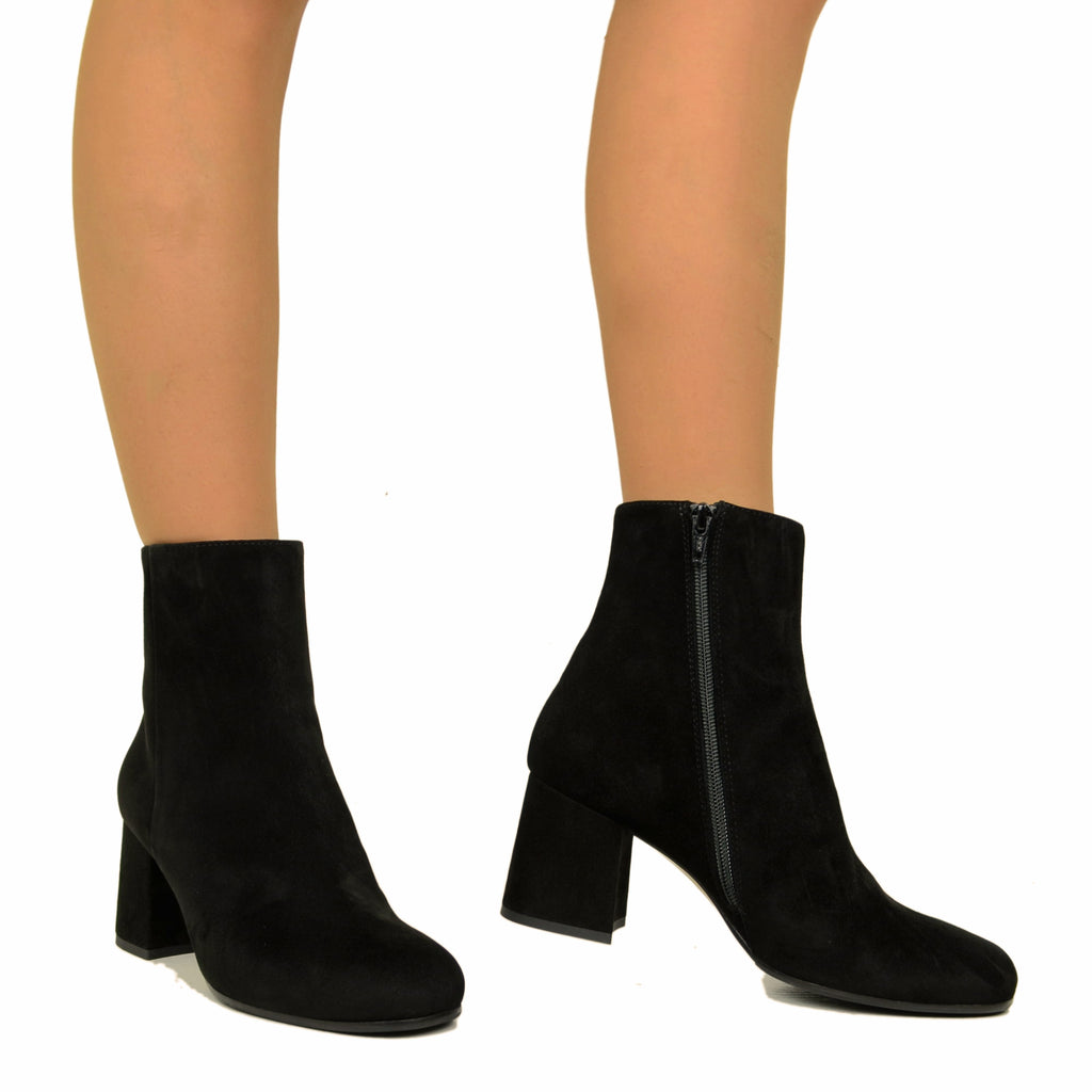 Black Women's Ankle Boots in Suede Leather Medium Heel with Zip - 4