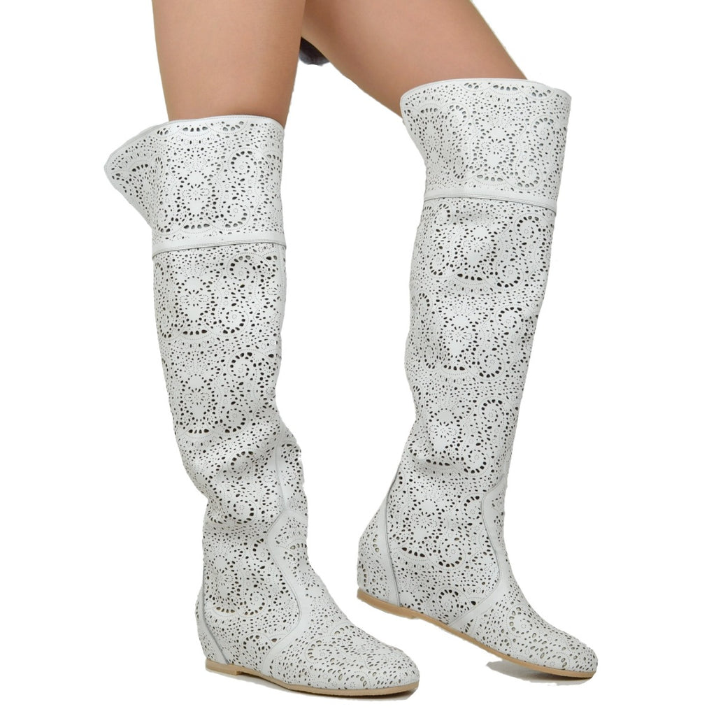 White Leather Perforated Knee High Cuissardes Boots - 5