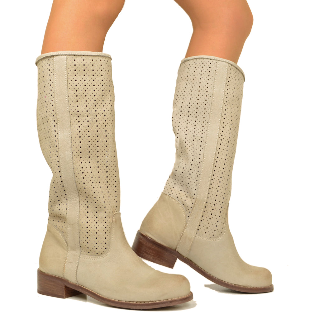 Taupe Perforated Women's Boots in Nubuck Leather Made in Italy - 4
