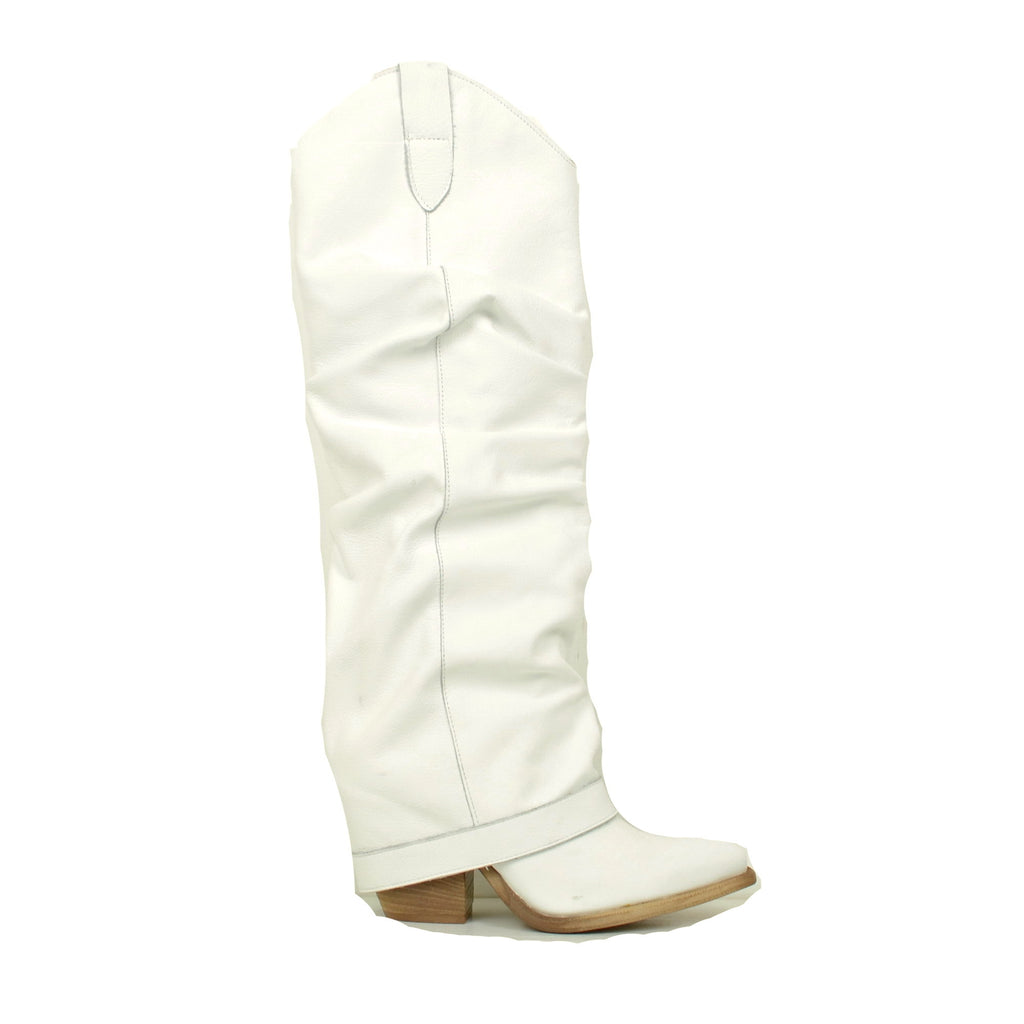 Weiße hohe Texan-Stiefel mit Ledergamasche, hergestellt in Italien - 6