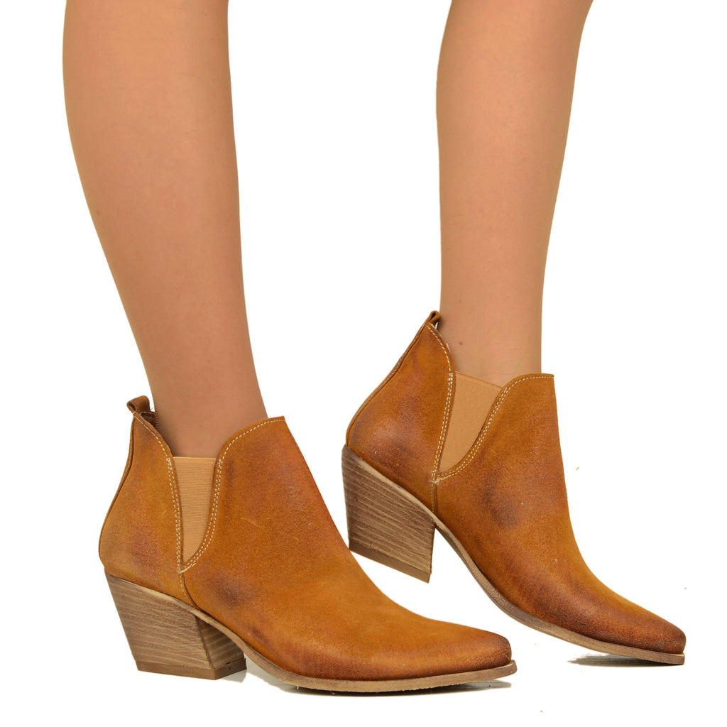 Women's Texan Stretch Ankle Boots in Tan Suede Leather - 4
