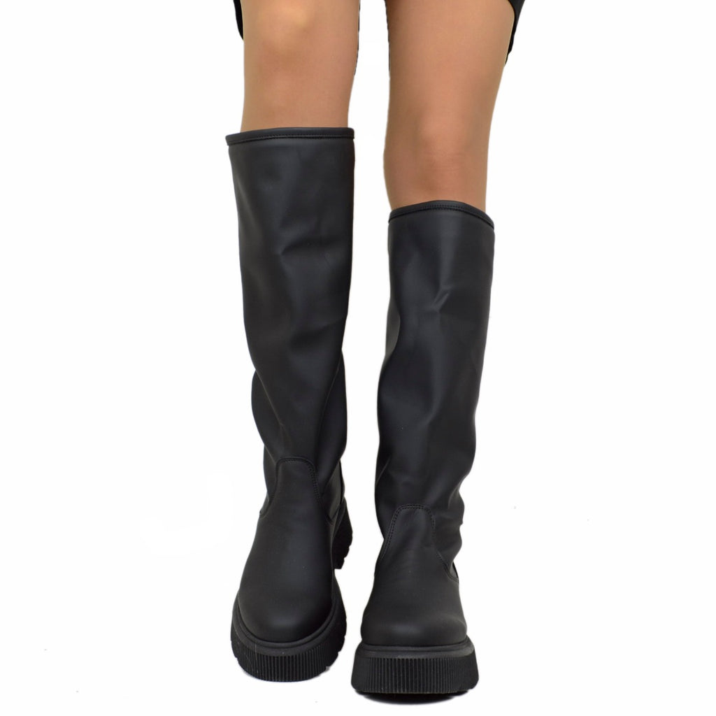 Women's Black Rain Style Boots Rubberised Leather Platform Bottom - 3