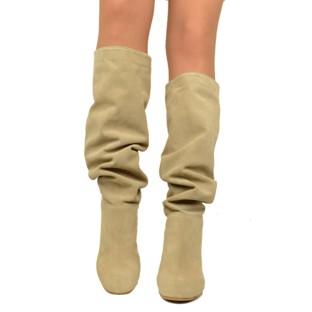 Women's Beige High Boots in Suede Leather Made in Italy - 4
