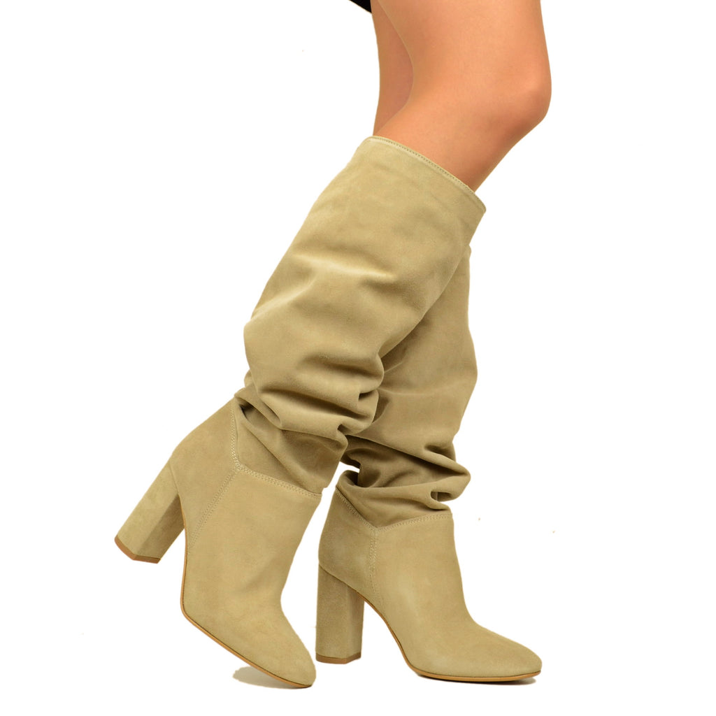 Women's Beige High Boots in Suede Leather Made in Italy - 5