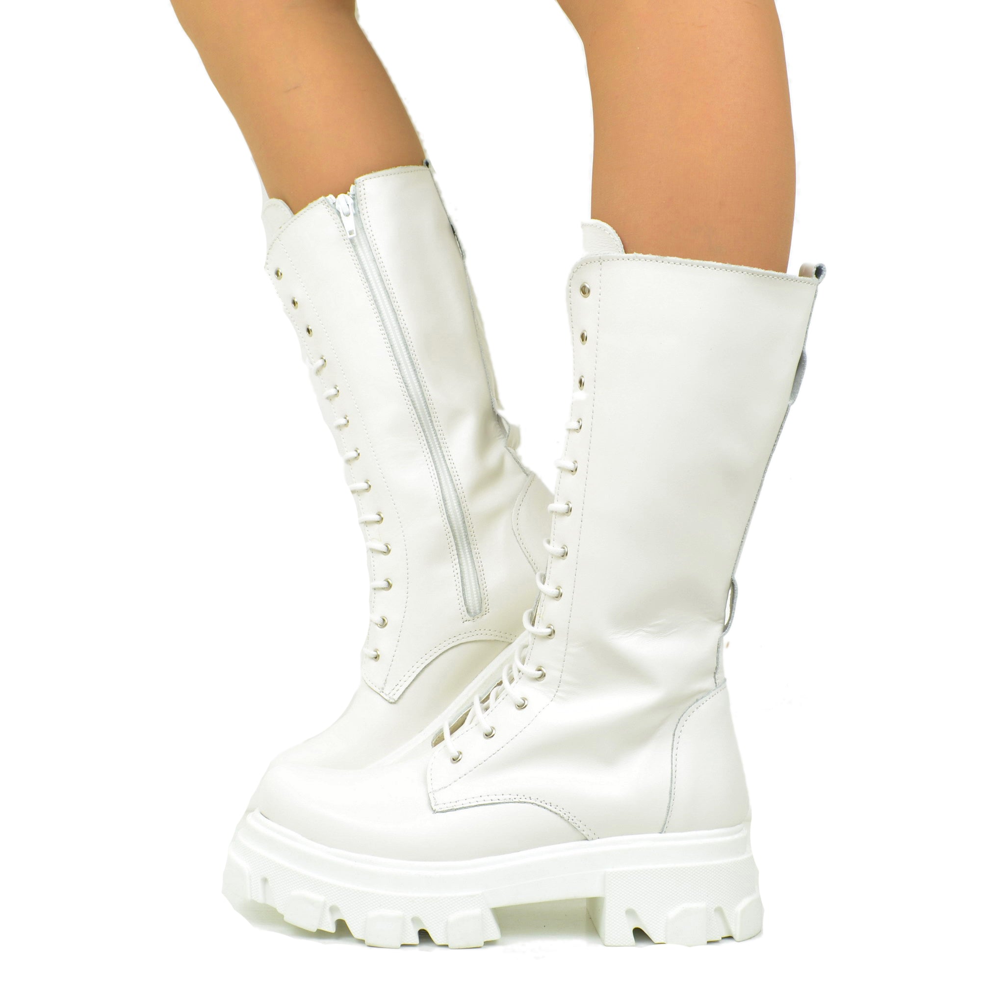 Anfibi Ricamati Camperos Alti Bianchi