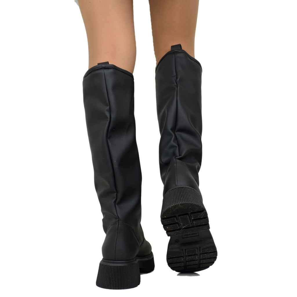 Women's Black Rain Style Boots Rubberised Leather Platform Bottom - 5