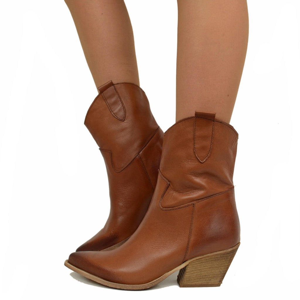 Texanische Damen-Stiefeletten aus hellbraunem Leder, hergestellt in Italien