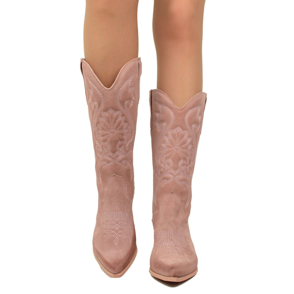 Damen-Texan-Stiefel aus rosafarbenem Wildleder mit Stickereien - 3