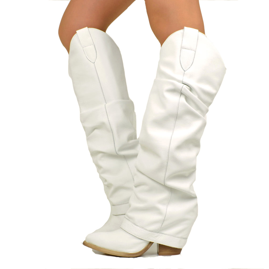 Weiße hohe Texan-Stiefel mit Ledergamasche, hergestellt in Italien