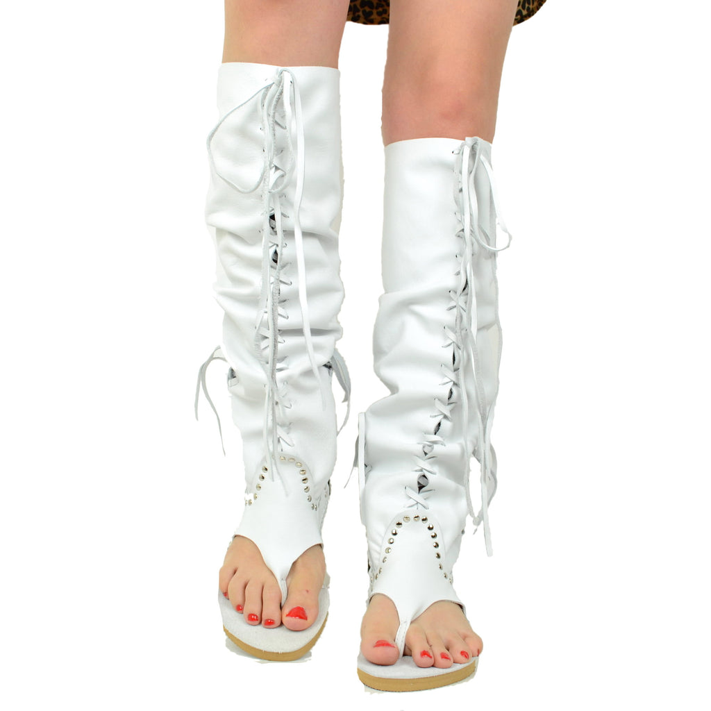 Weiße Flip-Flop-Stiefel für Damen von Indianini mit Schnürsenkeln, hergestellt in Italien - 3