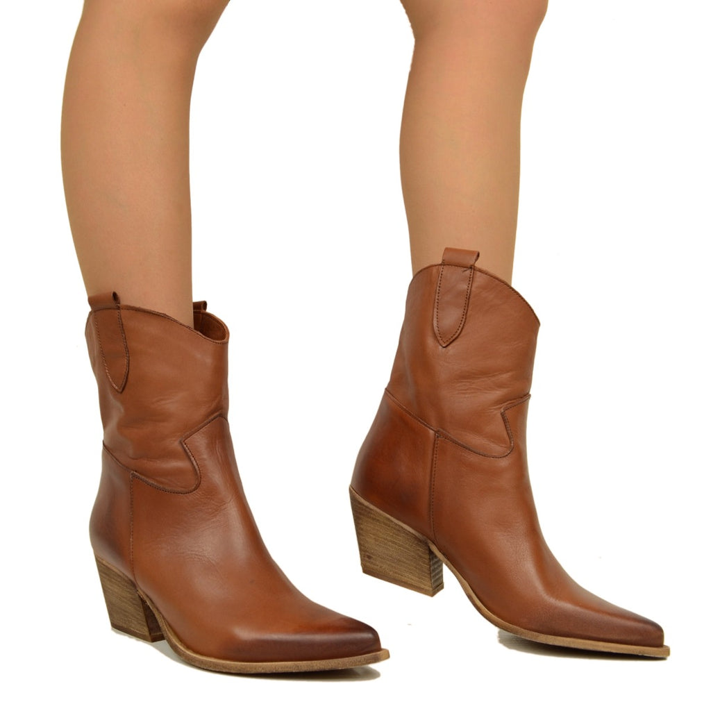 Texanische Damen-Stiefeletten aus hellbraunem Leder, hergestellt in Italien - 4