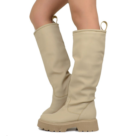 Stivali Donna Stile Pioggia Pelle Gommata Beige Fondo in Platform
