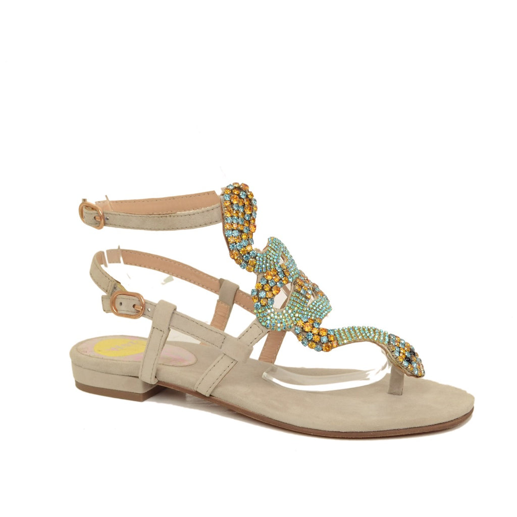 Sandali Infradito a Serpente con Strass Beige - 2