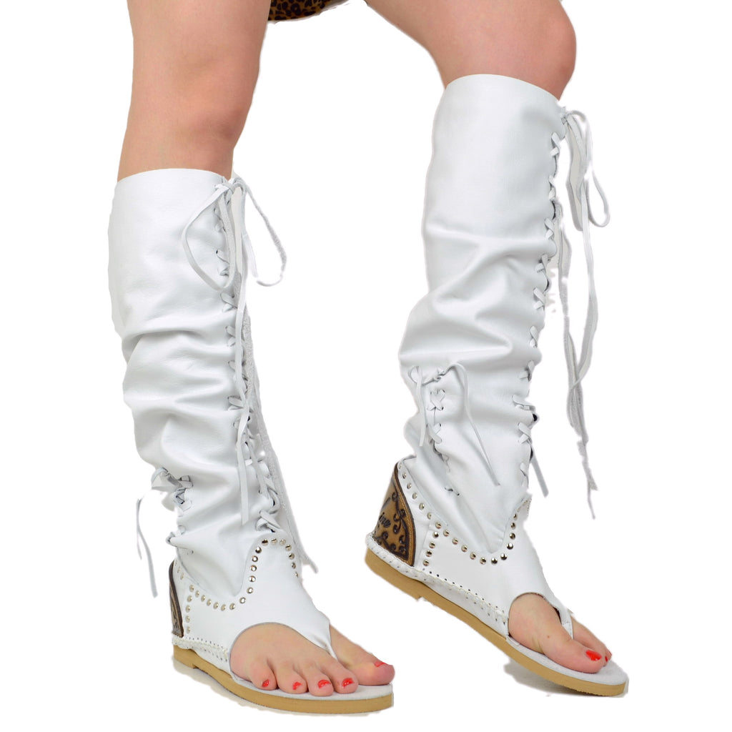 Indianini Women's White Flip Flop Boots with Laces Made in Italy - 2