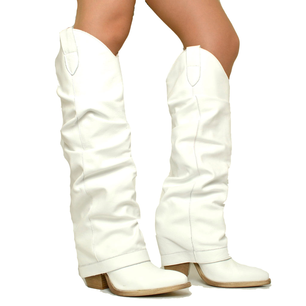 Weiße hohe Texan-Stiefel mit Ledergamasche, hergestellt in Italien - 4