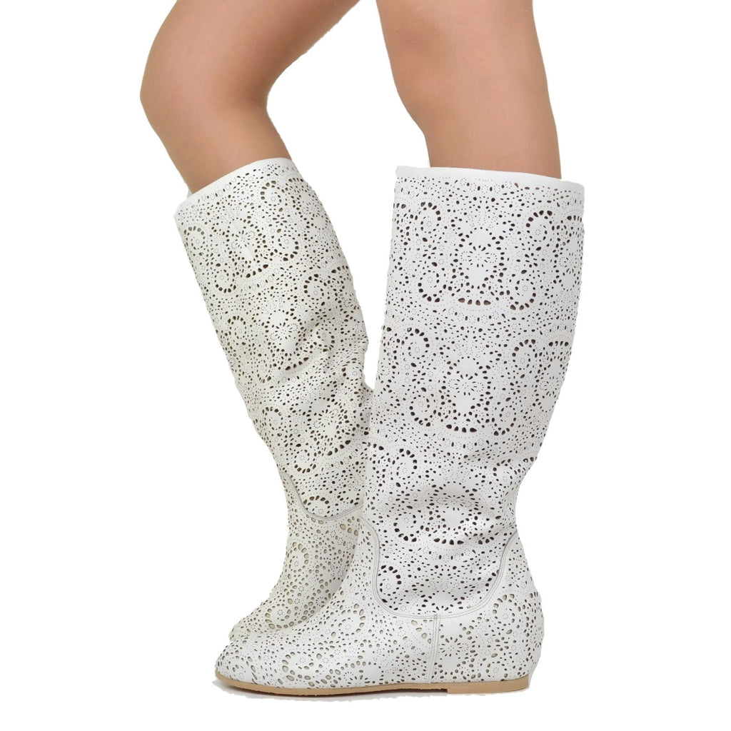 Lace-Style Perforated Boots with White Leather Inner Wedge