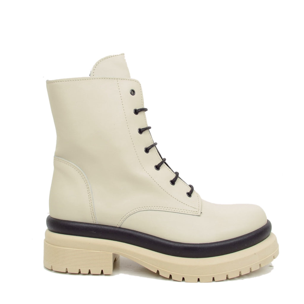 Women's Ankle Boots Biker White Leather Made in Italy - 2