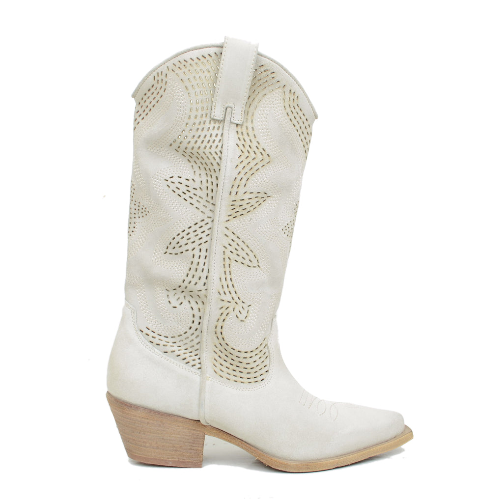 Stivali Texani Traforati in Pelle Scamosciata Offwhite con Zip - 2