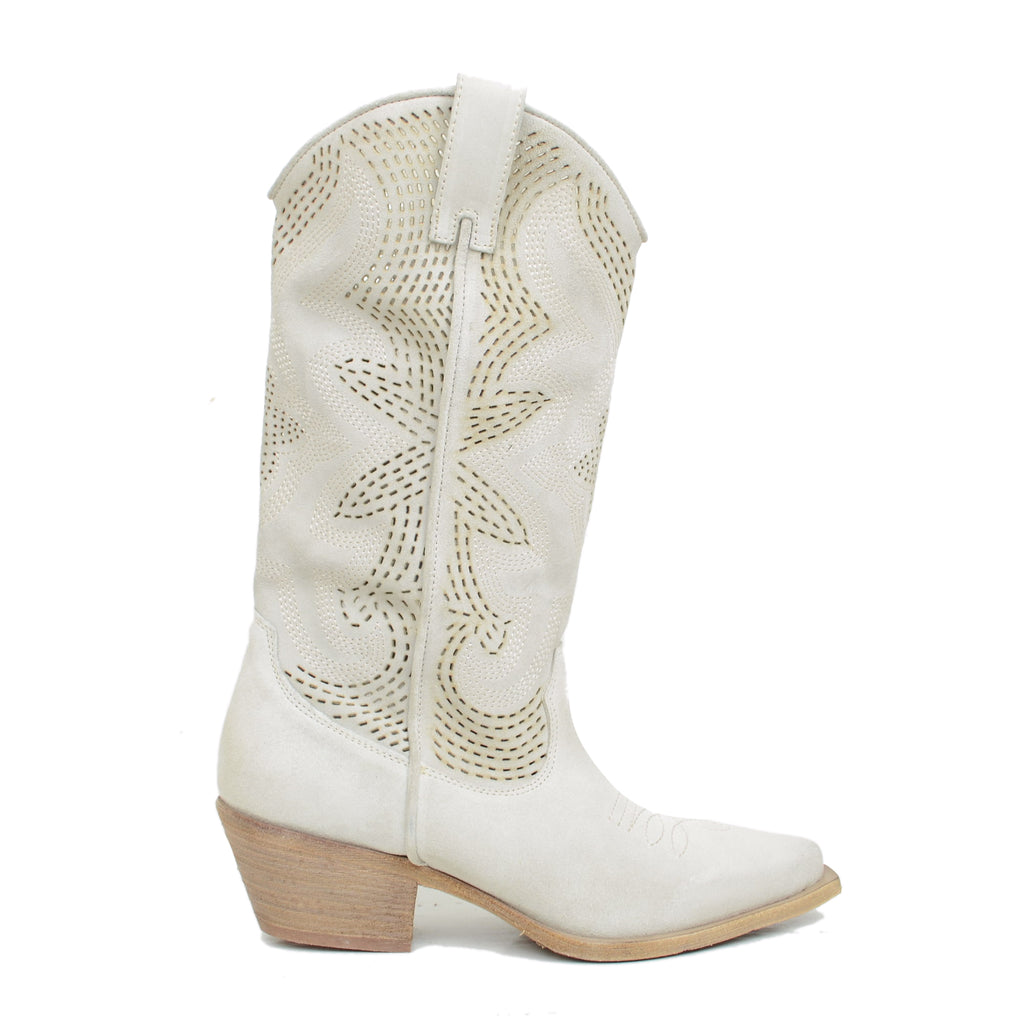 Offwhite Suede Leather Perforated Cowboy Boots with Zip - 2