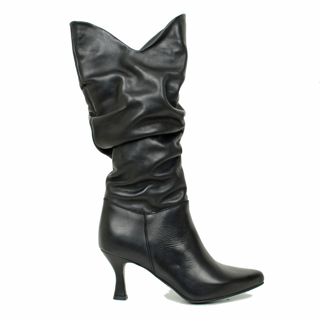 Women's Spool Heel Boots in Black Leather Made in Italy - 2